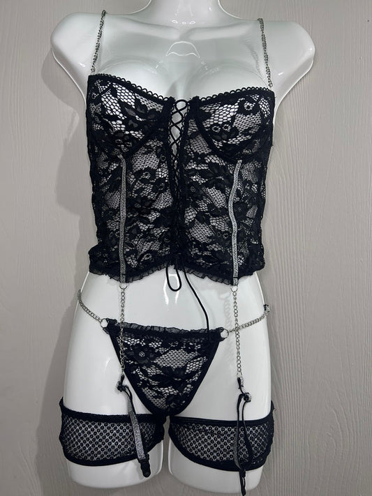 Conjunto Tipo Lencería Negra con Encaje y Accesorios – Disfraz Adulto